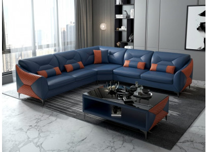 Leder Ecksofa L-Form Modern Blau Orange Couchtisch Design Wohnzimmer *