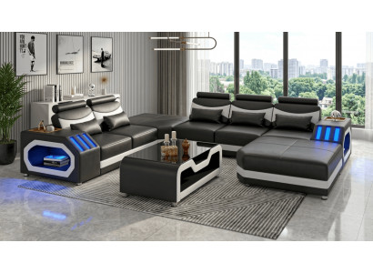 Modern Wohnlandschaft U-Form Couchtisch Schwarz LED Sofa Set Couch *