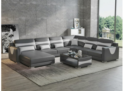 Leder Ecksofa U-Form Modern Schwarz Couchtisch Design Set Wohnlandschaft *
