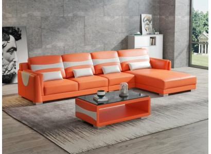 Leder Ecksofa L-Form Modern Orange Komfort Couch Design Set Wohnzimmer *