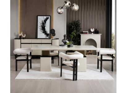 Weiße Esszimmergarnitur Robuster Esstisch 4x Polsterstühle Sideboard