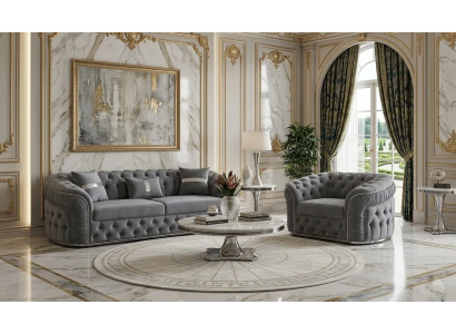 Klassische Chesterfield Sofagarnitur Grauer Stoffsessel 3-Sitzer 2tlg