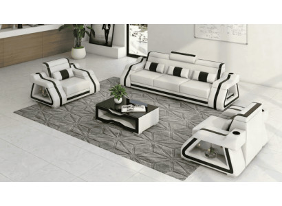 Sofa Set 3+1+1 Modern Weiß Schwarz Premium LED Couchtisch Komfort *