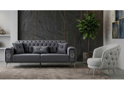 Sofa Set 1x 3-Sitzer Sofa 1x Sessel Chesterfield Schwarz Grau Schick