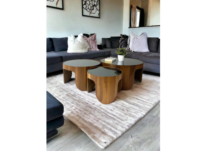 Beistelltisch Set 3er Walnuss Optik Glas Modern Wohnzimmer