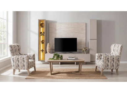 Edles Wohnzimmer-Set mit TV-Wohnwand, 2 Sesseln & Couchtisch