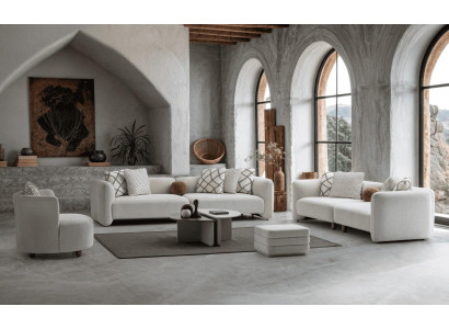 Beiges Wohnzimmer-Set 4-Sitzer-Sofa 3-Sitzer-Sofa Sessel Couchtisch Hocker