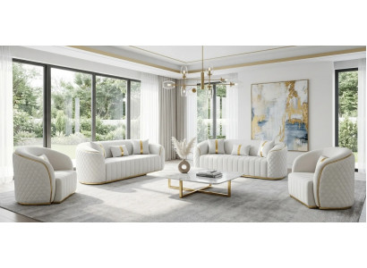 Weiß-Goldenes Sofa Set Designer Polstercouchen Edle 2x Sessel