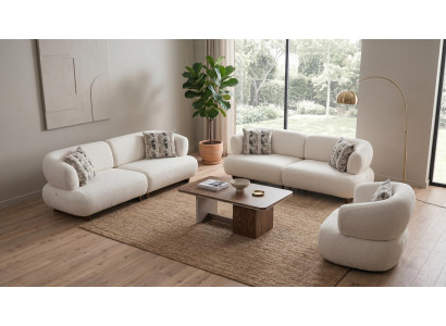 Sofa Set 3+3+1 Sitzer Couch Modern Beige Bouclé Garnitur geräumig praktisch