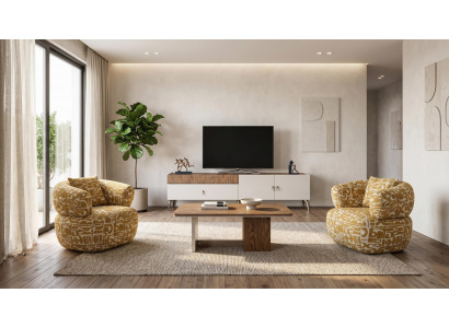 Sessel Set 1+1 Sitzer TV-Möbel Couchtisch Beige Muster Modern Polster