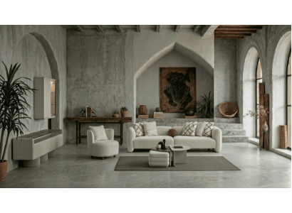 Beiger Wohnzimmer-Set Viersitzer-Modulsofa sessel Couchtisch Hocker Moderner