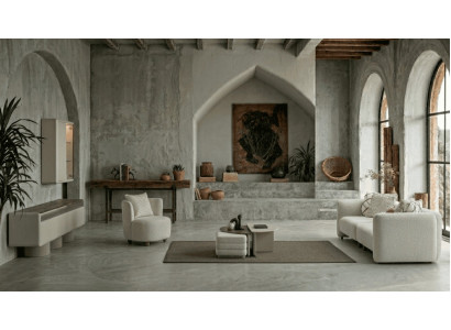 Beiges Wohnzimmer-Set: 3-Sitzer-Modulsofa Couchtisch Hocker TV Möbel Elegantes