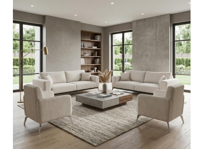 Elegante Weiße Polstergarnitur 2x 3-er Stoffsofas Loungesessel 4tlg