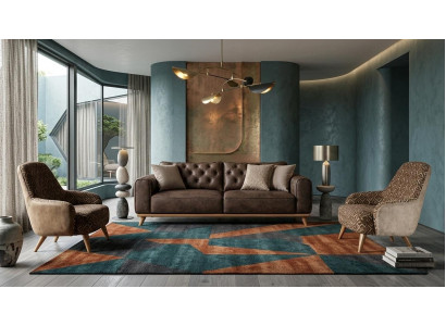 Sofa Braun Chesterfield  mit Zwei Lounge Sesseln Holzbeine