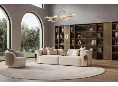 Beiges Designer 3 Sitzer Sofa mit Lounge Sessel Rund Form Gold Details