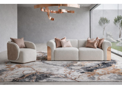 Beige Lounge Sofa Set Curved Form Boucle Stoff Kupfer Details mit Sessel