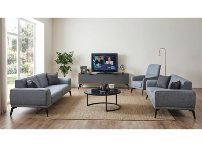 Wohnzimmer Set 2×3‑Sitzer + Sessel + Couchtisch + TV-Möbel, Modern, Grau