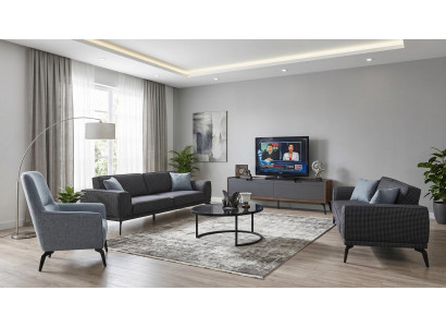 Wohnzimmer Set 2×3‑Sitzer + Sessel + Couchtisch + TV-Möbel, Modern, Grau