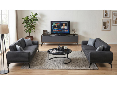 Wohnzimmer Set 3‑Sitzer Sofas(2x) Couchtisch TV-Möbel, Modern Grau