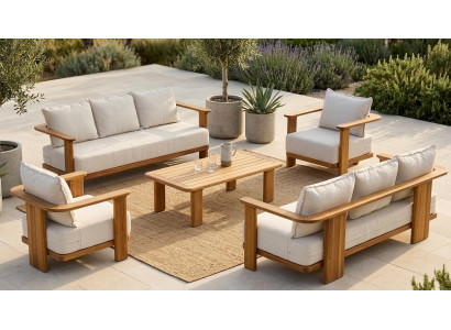 Gartenlounge Set Holz 3-Sitzer Sofa Sessel Kissen Couchtisch Modern