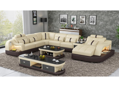 Modern Wohnlandschaft U-Form Couchtisch Beige LED Sofa Set TV-Möbel *