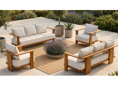 Gartenlounge Set 3-Sitzer Sofa Sessel Beige Kissen Komfort Modern