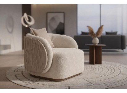 Komfort Sessel Beige Boucle mit Holz Sockel Modern
