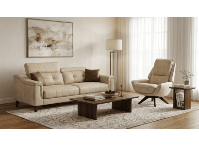 Beiges Wohnzimmer Polster Set Exklusiver 3-Sitzer Stoffsessel 2tlg