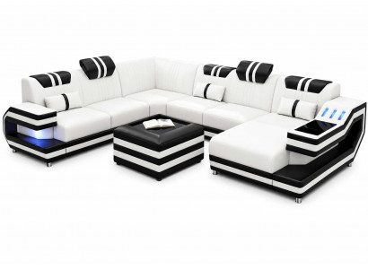 Luxus Ecksofa weiß Kunstleder mit LED Couchtisch große Polstergarnitur