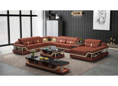 Modern Wohnlandschaft U-Form Couchtisch Braun LED Sofa Set TV-Möbel