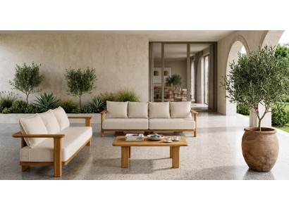 Gartenlounge Set 4-Sitzer 3-Sitzer sofa Beige Kissen Couchtisch Holz