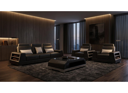 Sofa Set 3+1+1 Modern Schwarz Weiß Premium LED Couchtisch Komfort