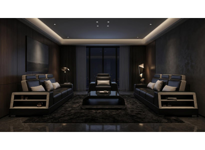 Sofa Set 3+3+1 Modern Schwarz Weiß Premium LED Couchtisch Komfort