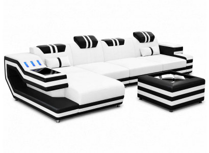 Elegante Ecksofa L-Form weiß Kunstleder mit LED modernes Couchtisch Set