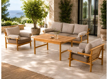 Gartenlounge Set 3-Sitzer Sofa Sessel Grau Couchtisch Holz Modern Neu