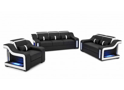 Modernes Kunstleder Sofa Set 3+2+1 Sitzer Wohnzimmer schwarz mit LED Wohnmöbel