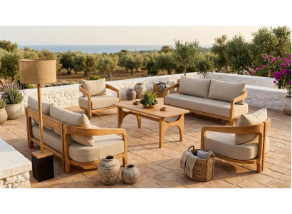 Gartenmöbelset Beige Holz 3-Sitzer Polstersofa Sessel Kissen Holztisch