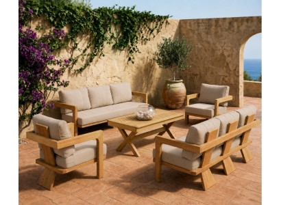 Gartenlounge Set 3-Sitzer Sofa Sessel Beige Kissen Couchtisch Holz