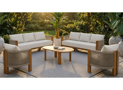 Gartenmöbelset Beige 3-Sitzer Sofa Sessel Kissen Loungetisch Outdoor