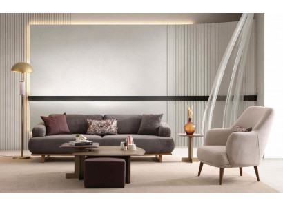 Sofa Sessel Grau Beige Stoff Holz Modern Wohnzimmer Garnitur