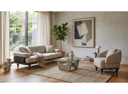 Beiges Wohnzimmer-Set 3-Sitzer-Sofa Sessel Stoff Designer-Modelle modern