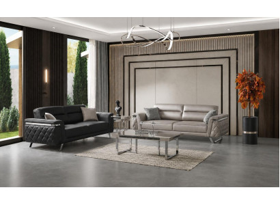 2x 3-Sitzer Sofa Set Beige Schwarz Modern Stoff Metall Wohnzimmermöbel