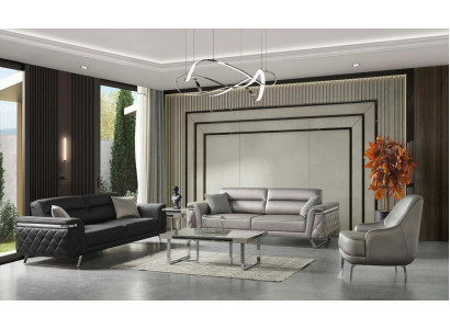 2x 3-Sitzer Sofa Sessel Set Beige Schwarz Modern Stoff Wohnzimmermöbel