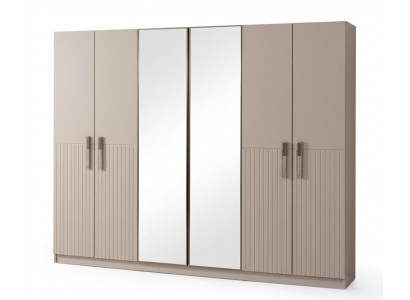 Beiger Kleiderschrank 6 Türen Spiegel großer Schrank Schlafzimmermöbel