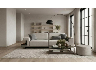 Beige Wohnzimmer Stoffgarnitur Polster 3-Sitzer Textil Sitzhocker