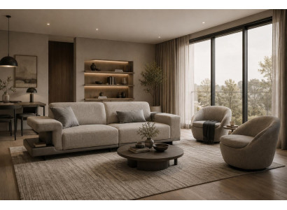 Beige Polstergarnitur Designer Wohnzimmer Sofa Set 3-Sitzer 2x Sessel