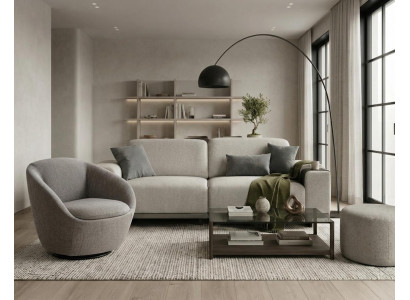 Beige Wohnzimmer Sofagarnitur Edler 3-Sitzer Stoffsessel Hocker