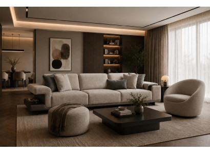 Elegante Polstergarnitur Stilvoller Dreisitzer Stoffsessel Textilhocker