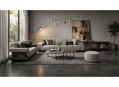Sofagarnitur 4+3 Sitzer Hocker Beige Textil Zeitgenössisch Holzgestell