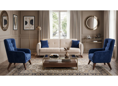 Blau-beiges Wohnzimmer-Set Sofas Stoffsofa zwei Sessel Designer